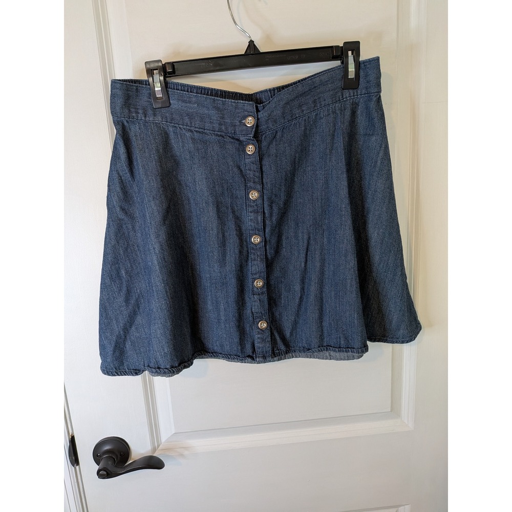 Merona Womens Blue Denim Button Front A-Line Mini Skirt Elastic Back Size M